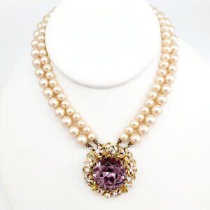 Vintage Double Strand Faux Pearl Choker Necklace Large Purple Glass Focal